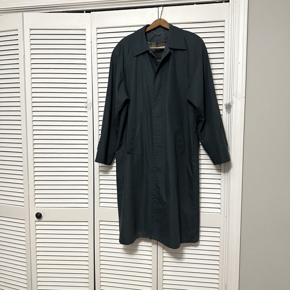 Vintage Harris and Frank Lightweight‎ Trench Coat Size 46 Teal With Plaid Liner